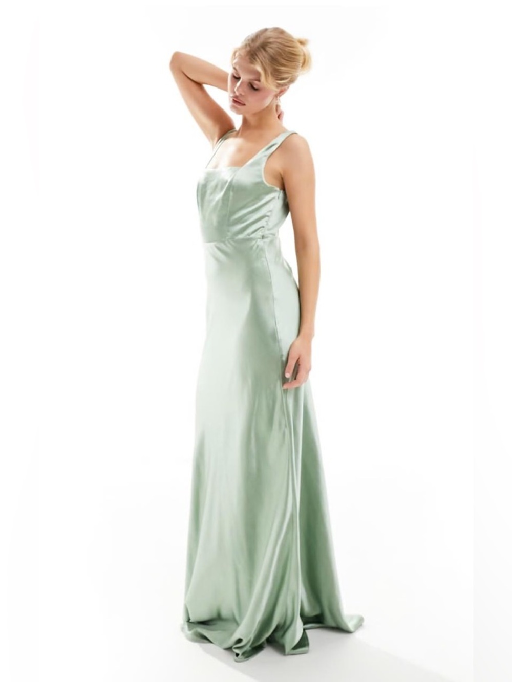 Six Stories Satin Maxi Bridesmaid Dress Sage